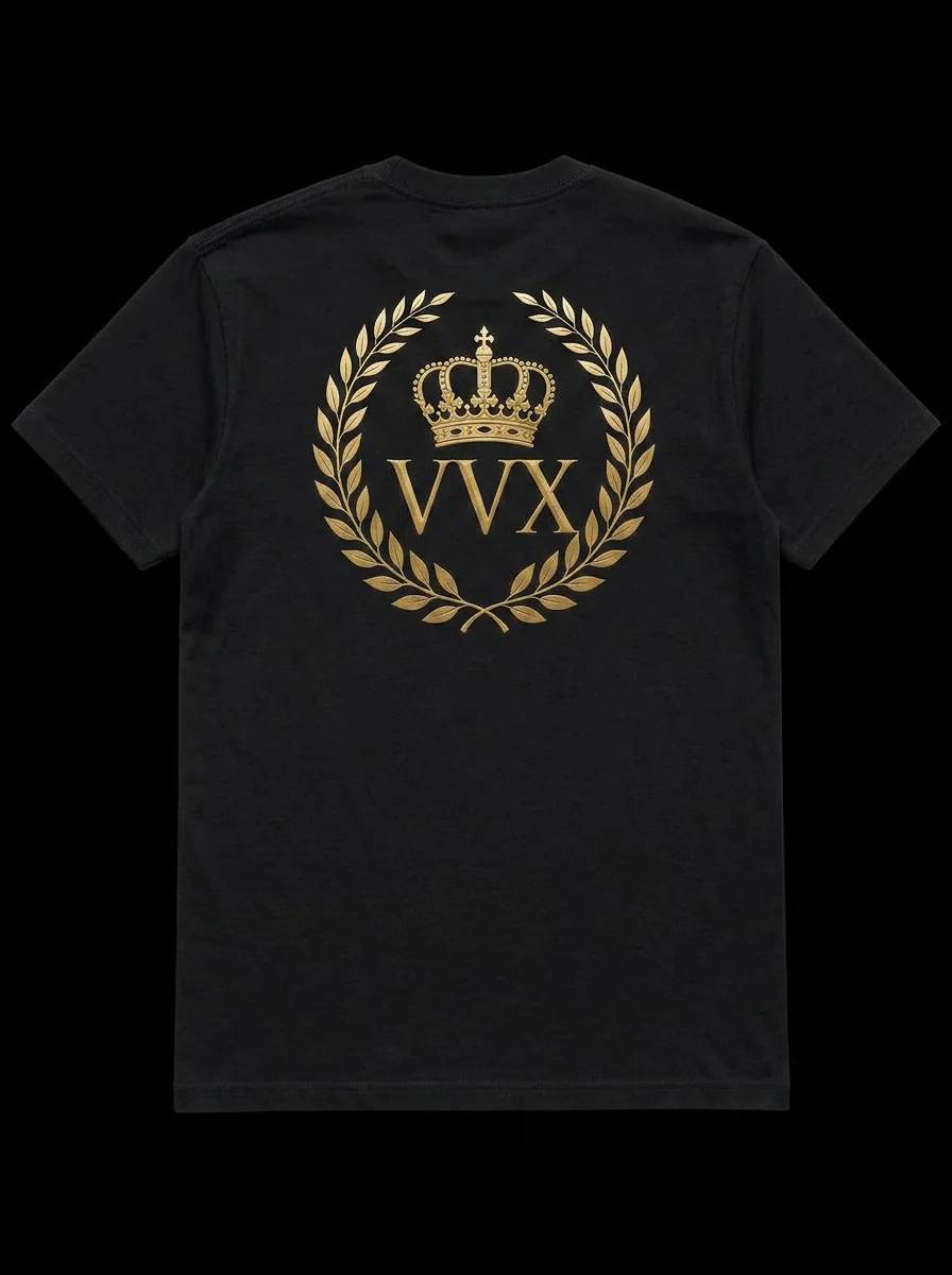 VVXHQ men's Laurel Crest Tee in Gold & Black — Gold laurel-wreath VVX crest, small at the chest and wide across the back, back view