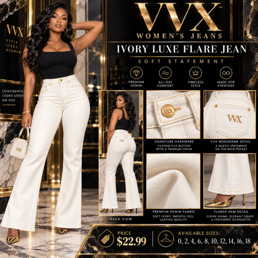 VVXHQ women's Ivory Luxe Flare Jean in Onyx Black, Clean ivory denim with a sculpted flare