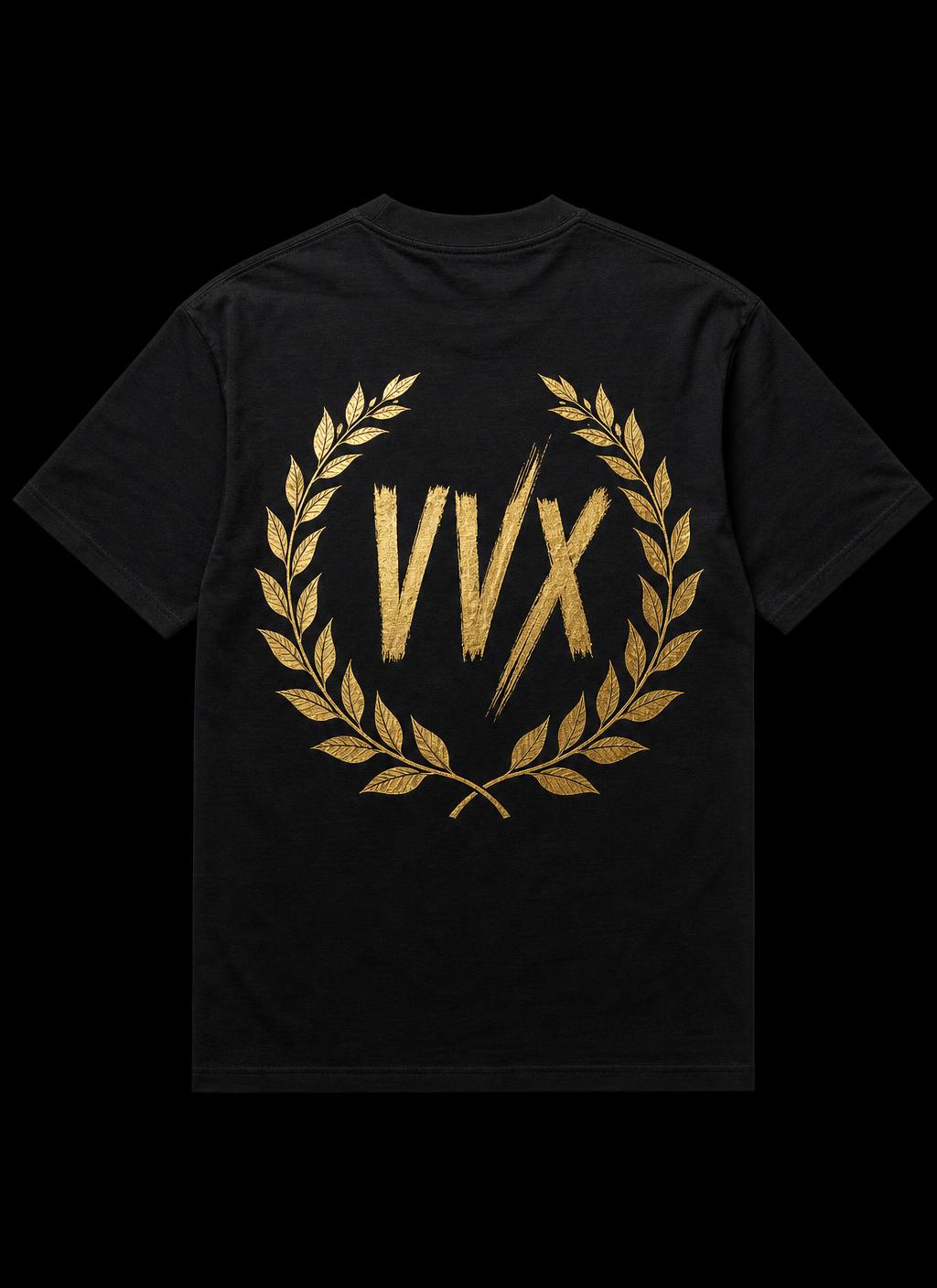 VVXHQ men's VVX Static Diamond Tee in Gold & Black — Chest STATIC diamond hit with a full laurel-wreath VVX back print, back view