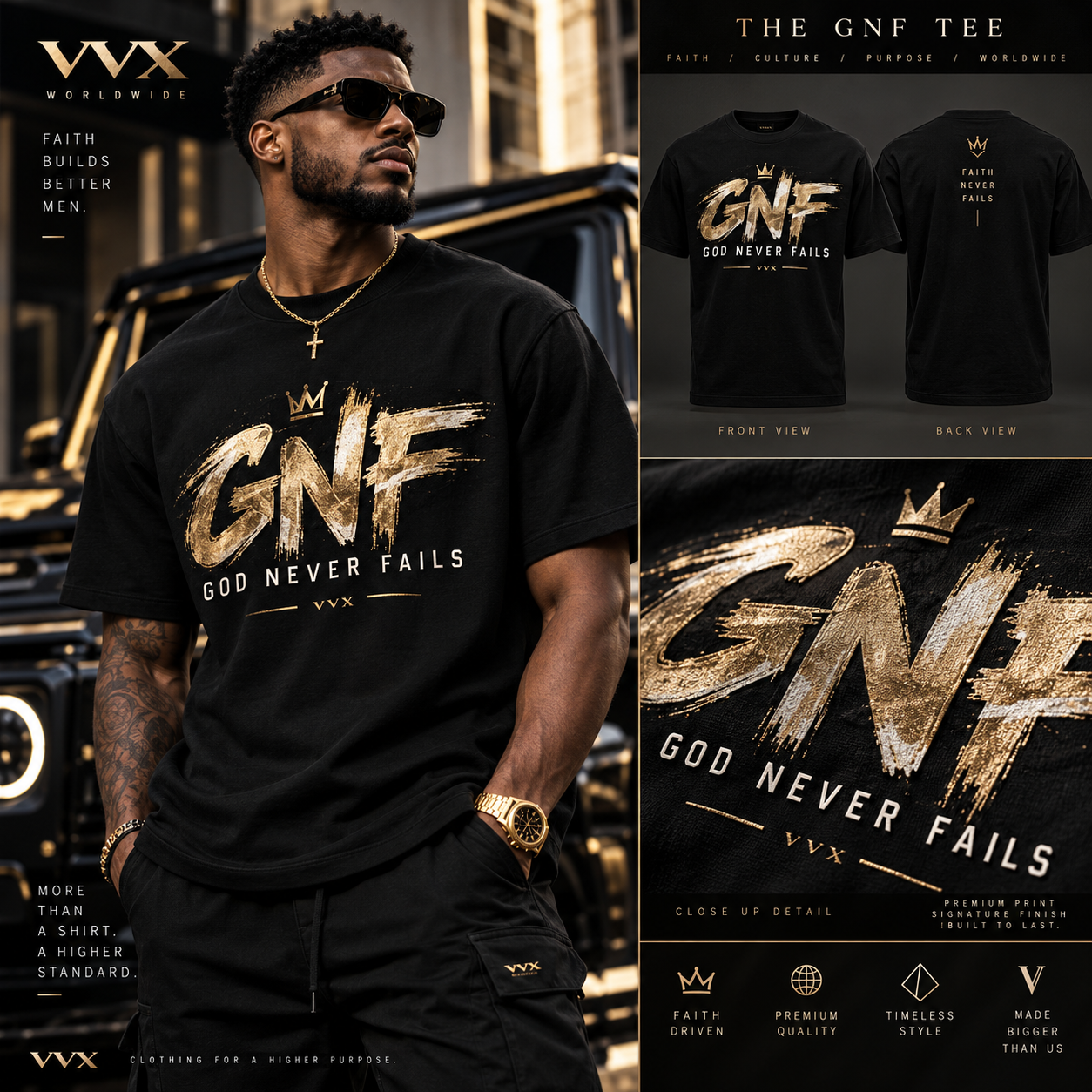 VVXHQ men's VVX GNF Tee in Black, Metallic-gold GNF statement tee in six colors