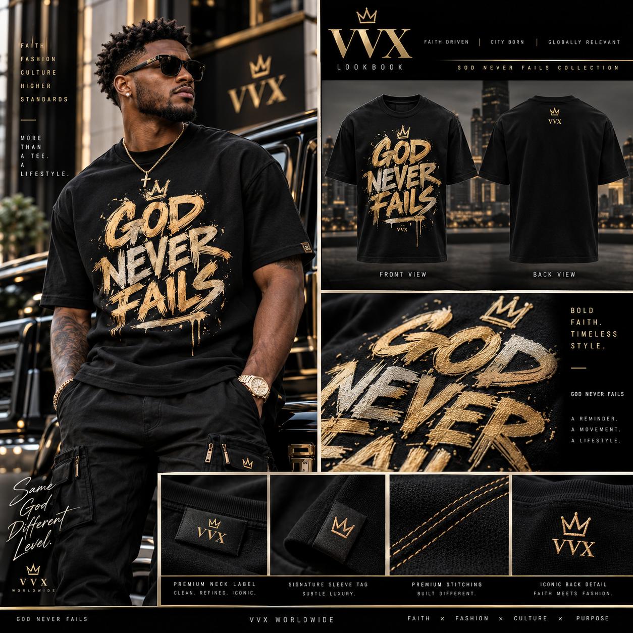 VVXHQ men's VVX Stacked God Never Fails Tee in Black, Stacked faith statement artwork in six colors