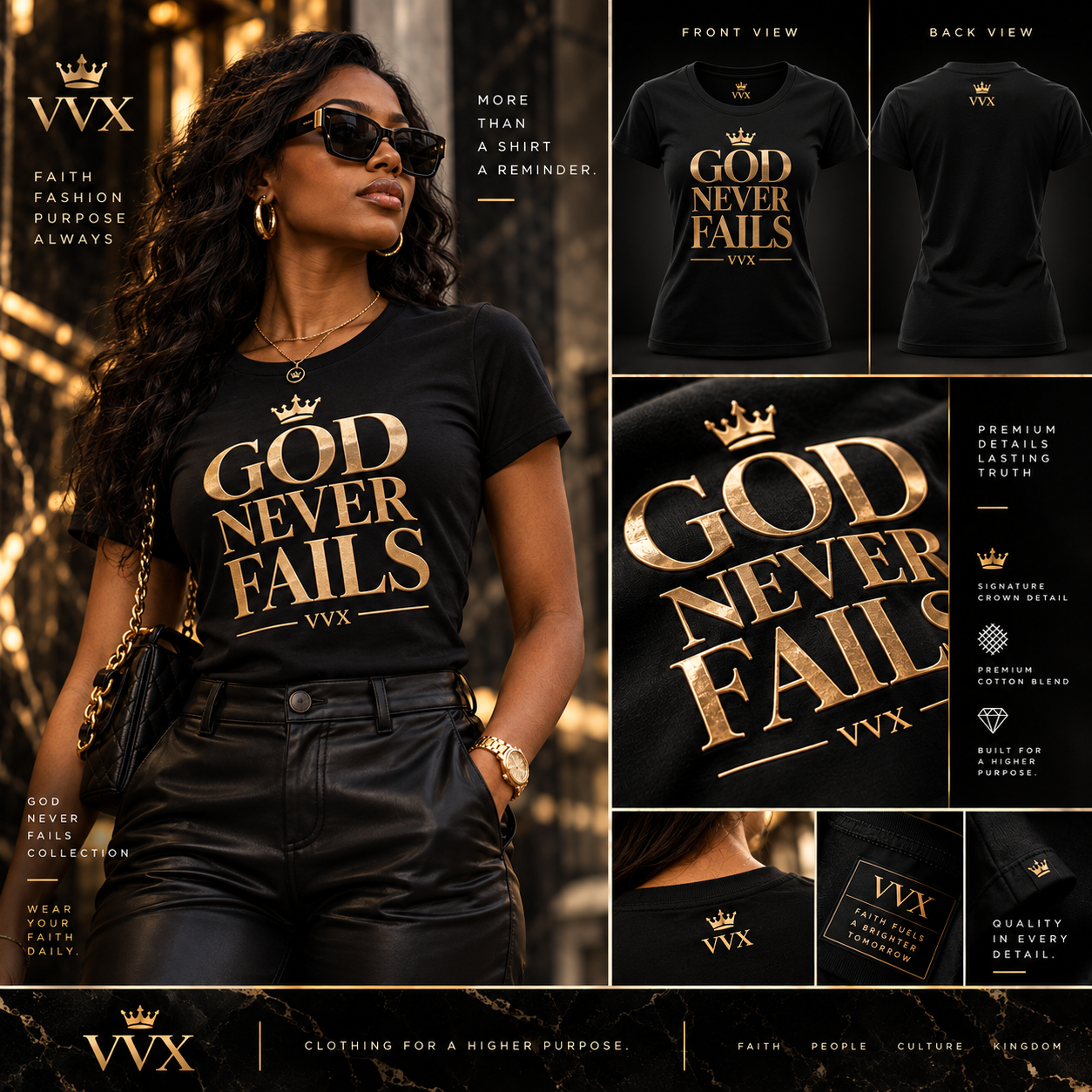 VVXHQ women's VVX Women's Signature Gold Faith Tee in Black, Clean metallic-gold crowned faith statement