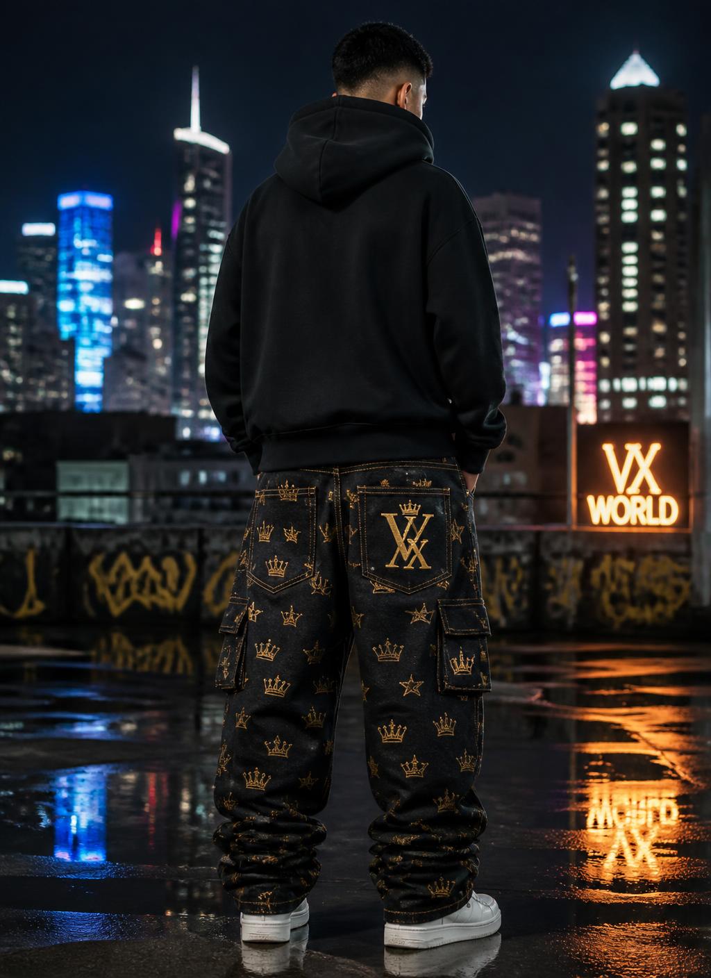 VVXHQ men's Crown Cargo Stacked Jean in Onyx Black — Utility cargo denim with gold crown hardware and stacked hem, back view
