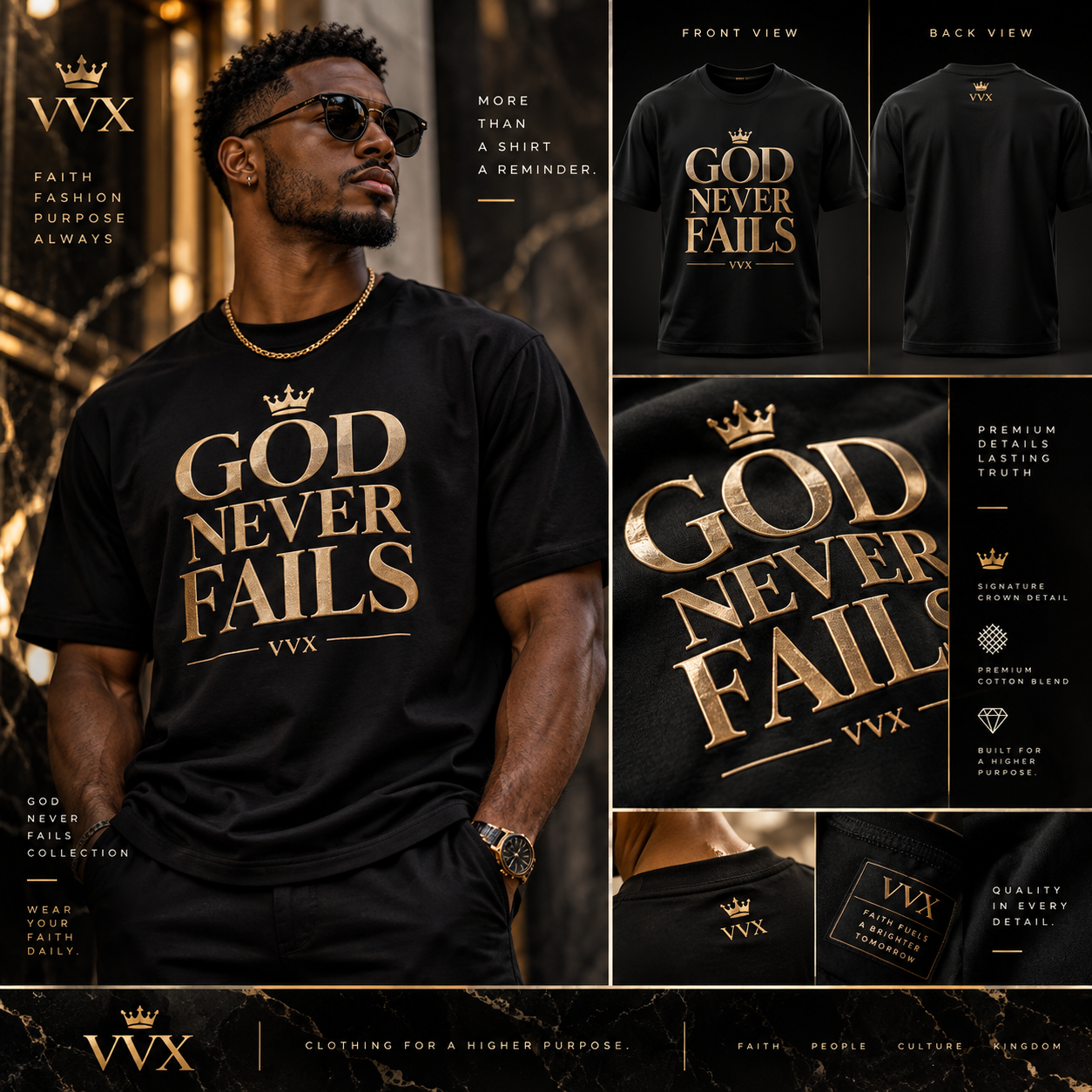 VVXHQ men's VVX God Never Fails Signature Tee in Black, Clean metallic-gold faith statement tee in six colors