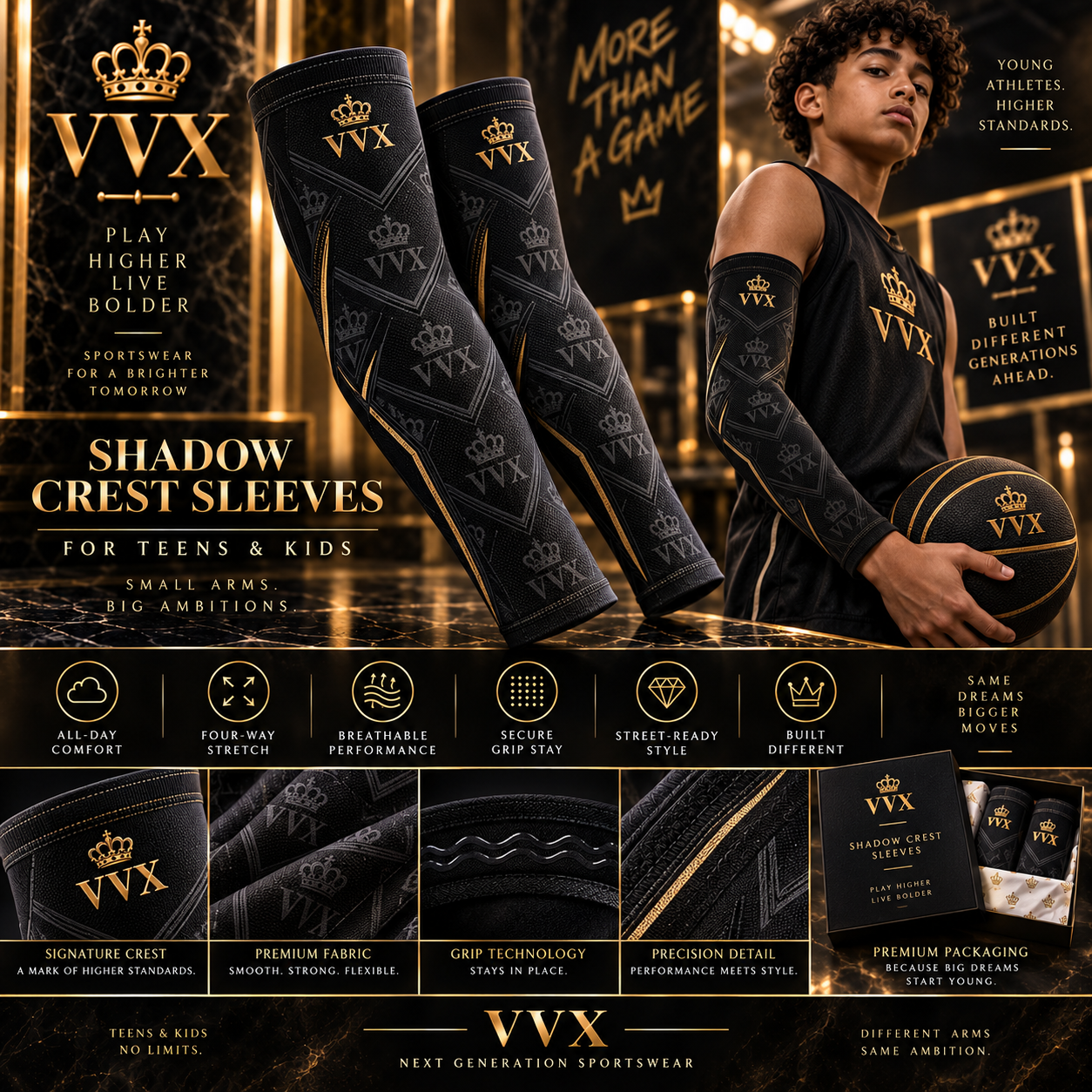 VVXHQ kids' VVX Shadow Crest Sleeves in Onyx Black — Black & Gold, sold as a pair.