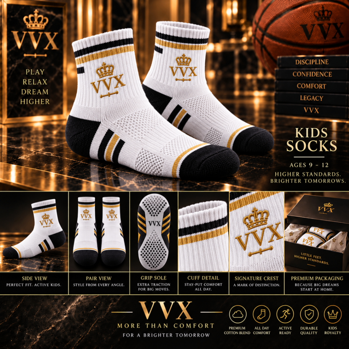 VVXHQ kids' VVX Kids White Gold Crown Sock in Onyx Black — White, Black & Gold, sold as a single pair.