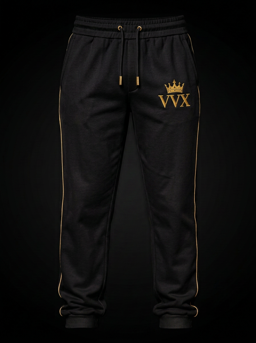 VVXHQ women's Iconic Crown Joggers — Onyx in Onyx Black, Women's black joggers with gold crown VVX
