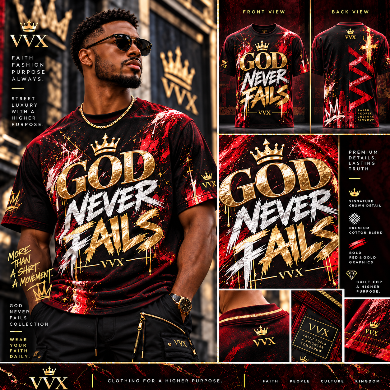 VVXHQ men's VVX God Never Fails Tee — Red in Black, Red & Gold, Black and red faith statement tee with metallic gold and white graphics