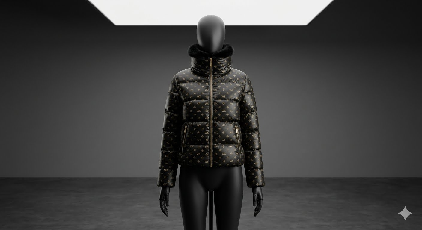 VVXHQ women's Monogram Fur-Collar Puffer in Onyx Black, Cropped down puffer with removable plush collar