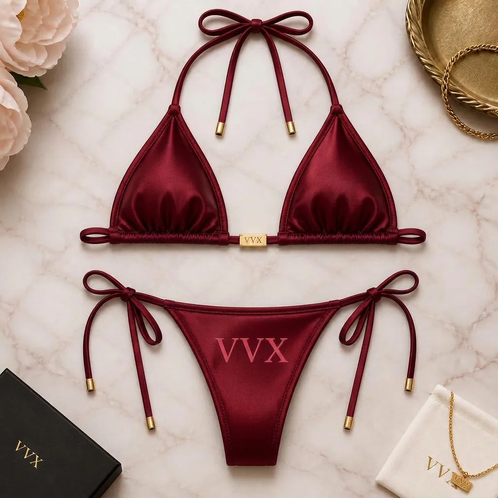 VVXHQ women's Crimson Icon Bikini Set in Red — Satin string triangle bikini with gold VVX ring and lettering, back view