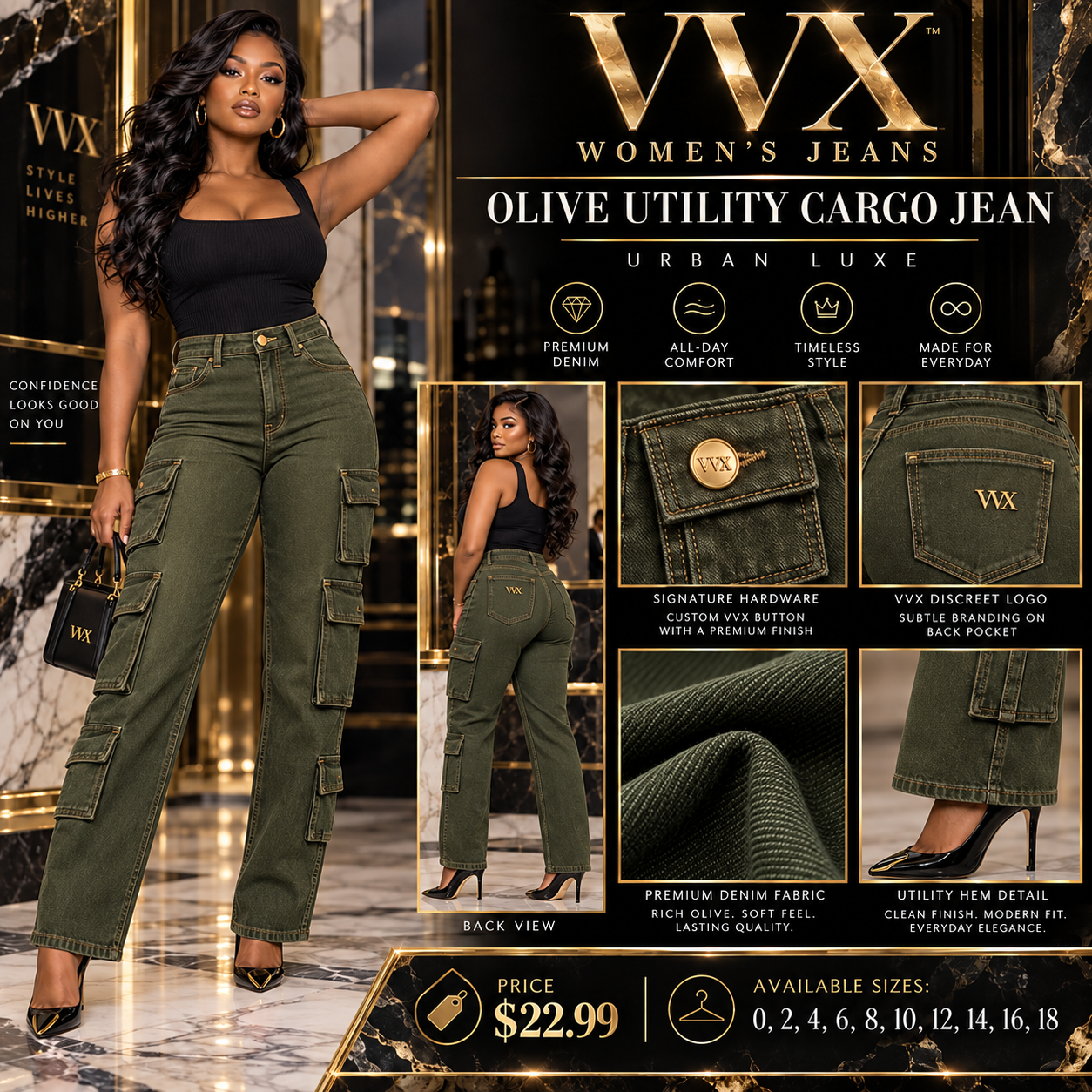 VVXHQ women's Olive Utility Cargo Jean in Onyx Black, Rich olive denim with utility cargo pockets