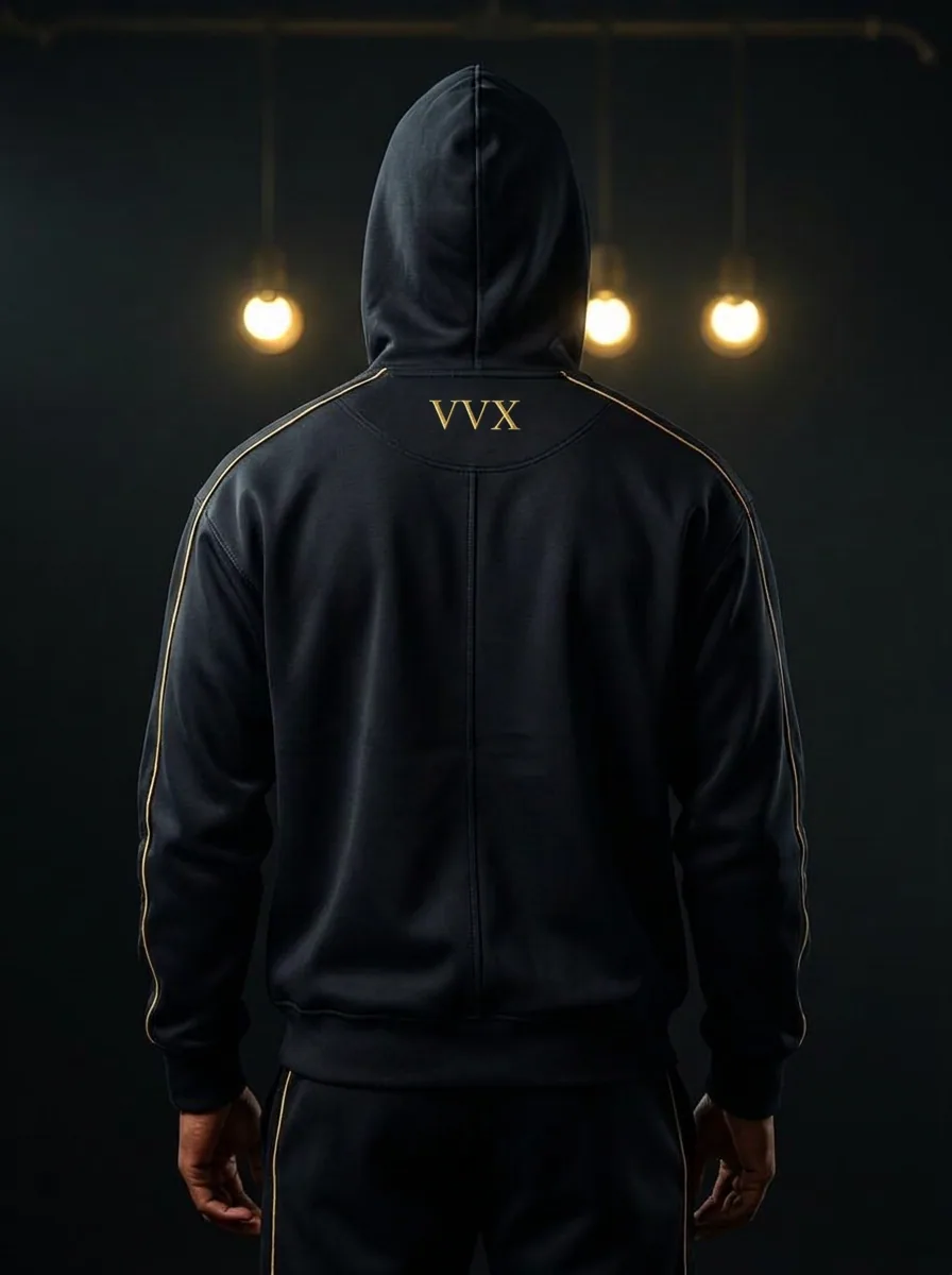 VVXHQ men's Piped Tracksuit in Slate Blue — Gold-piped hooded tracksuit set, back view