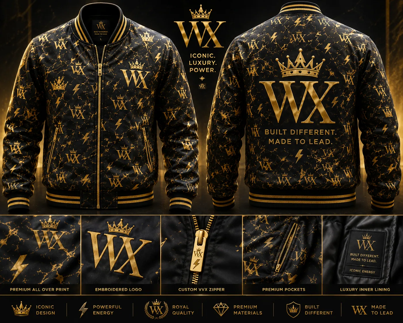 VVXHQ men's Iconic Energy Varsity Bomber in Onyx Black, All-over gold monogram, crown and lightning print