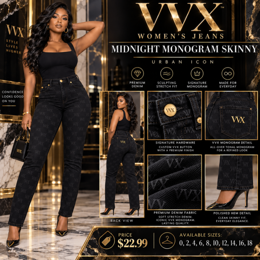 VVXHQ women's Midnight Monogram Skinny Jean in Onyx Black, Black skinny denim with VVX monogram details