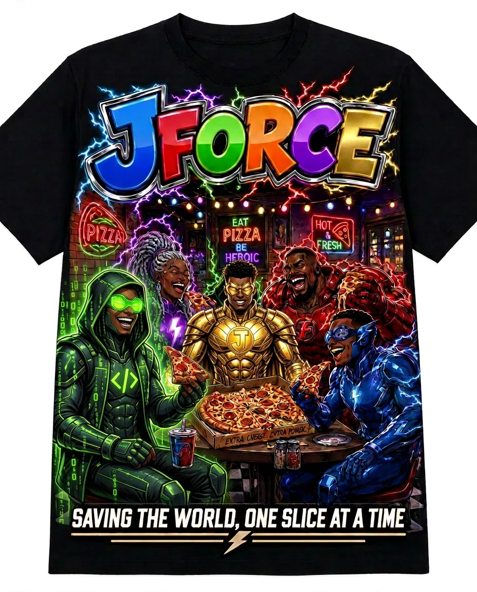 VVXHQ kids' JForce Pizza Break Tee in Gold, Kids' all-over electric hero graphic tee