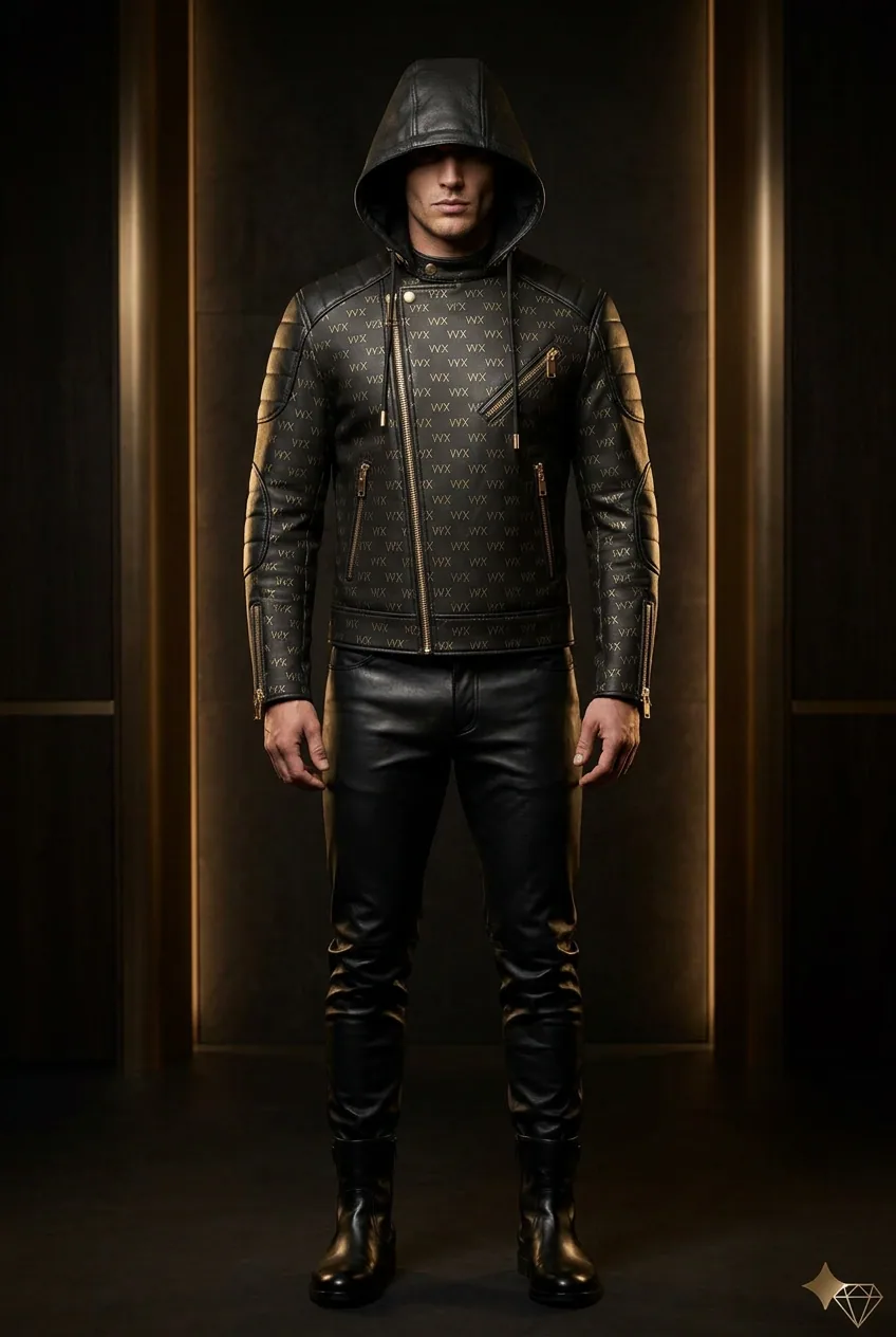 VVXHQ men's Hooded Leather Moto — Monogram Gold Edition in Onyx Black, Belt-free monogram leather biker with attached leather hood
