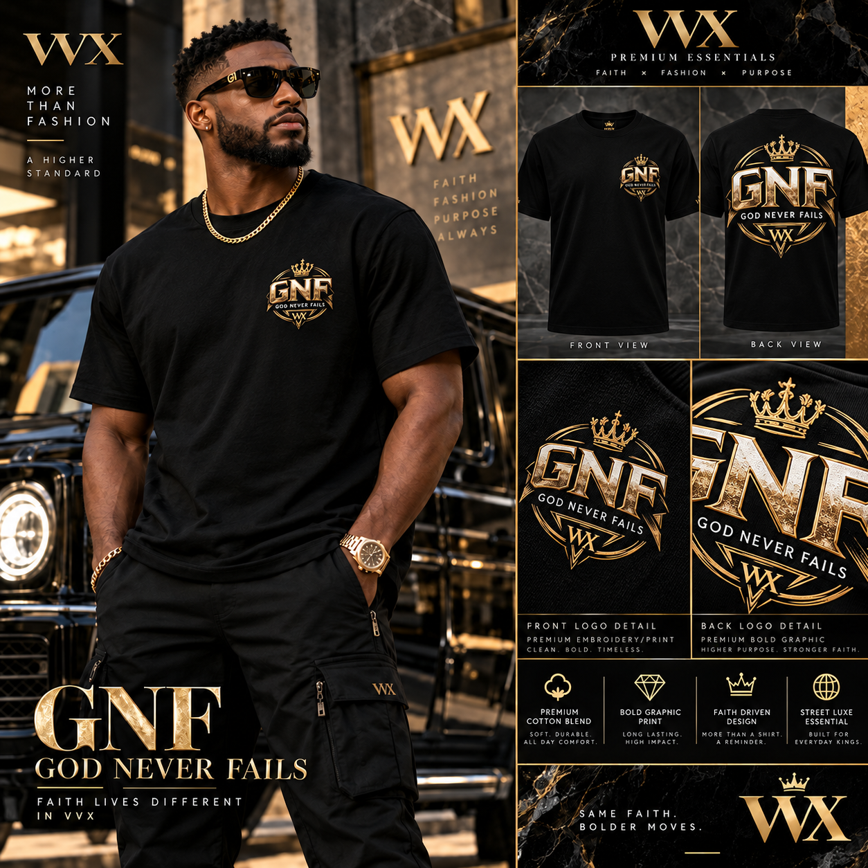 VVXHQ men's VVX GNF Crest Tee in Black, Small chest crest with bold matching back artwork