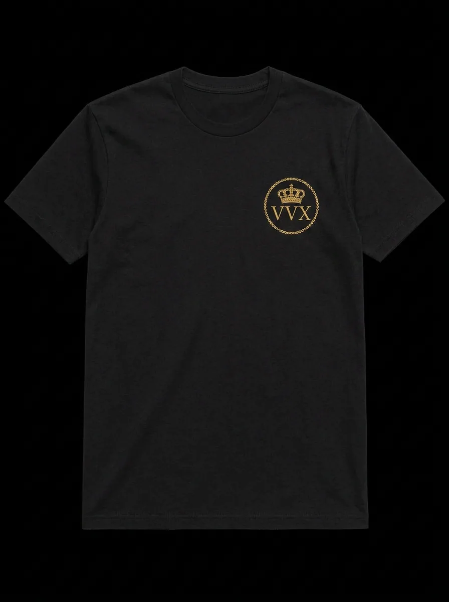 VVXHQ men's Royal Seal Tee in Gold & Black, Circular gold royal-seal VVX medallion, chest and centre back