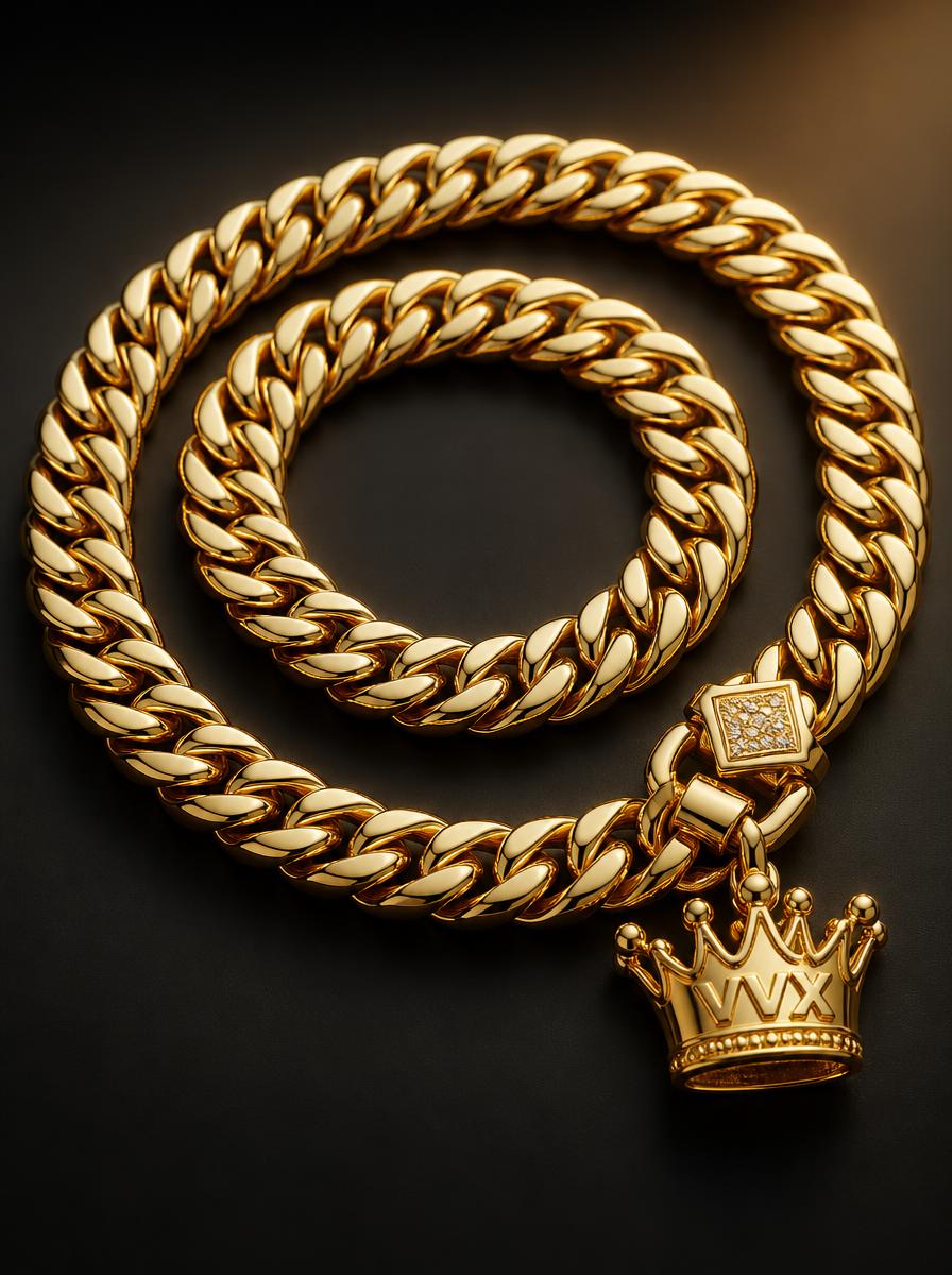 VVXHQ VVX Cuban Chain in Onyx Black, Gold Cuban link with crown pendant clasp