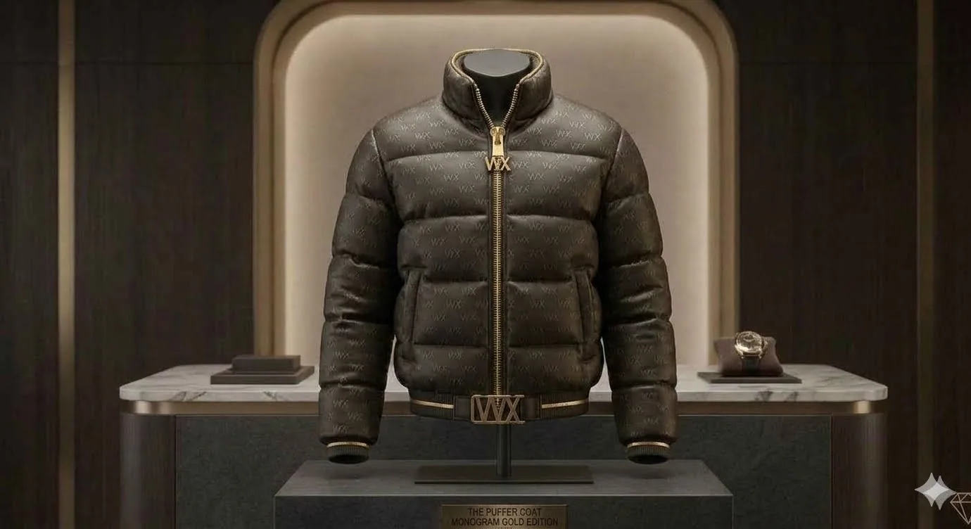 VVXHQ men's Puffer Coat — Monogram Gold Edition in Onyx Black, High-shine monogram puffer with funnel collar