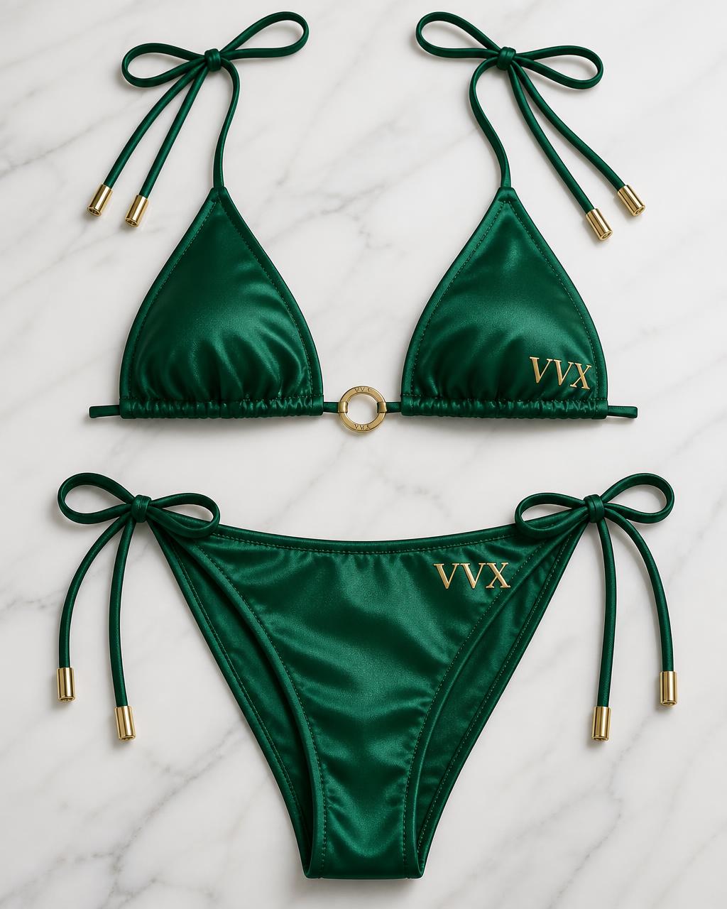VVXHQ women's Emerald Icon Bikini Set in Emerald Green, Satin string triangle bikini with gold VVX ring and lettering