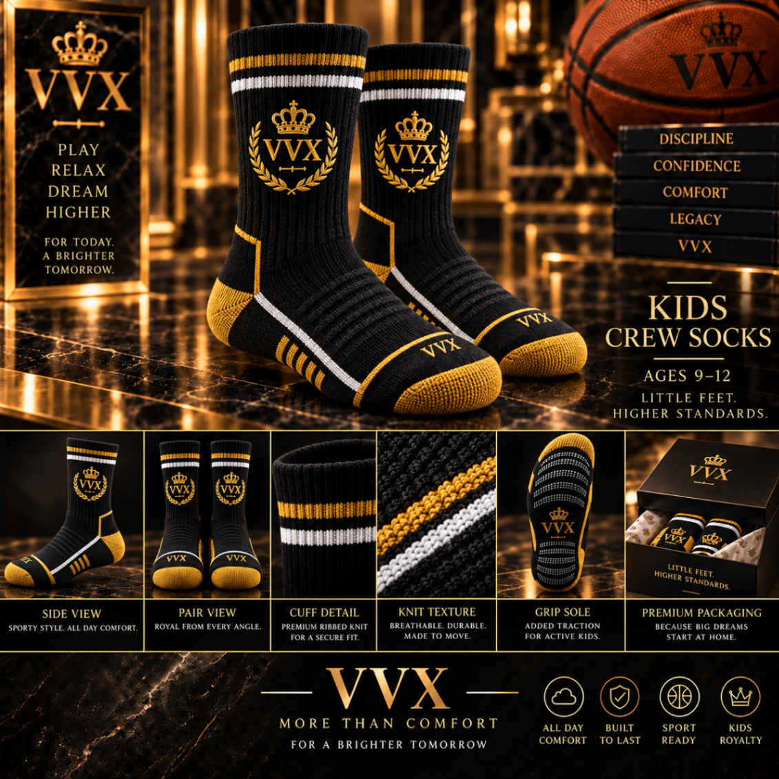 VVXHQ kids' VVX Kids Noir Gold Crew Sock in Onyx Black — Black & Gold, sold as a single pair.