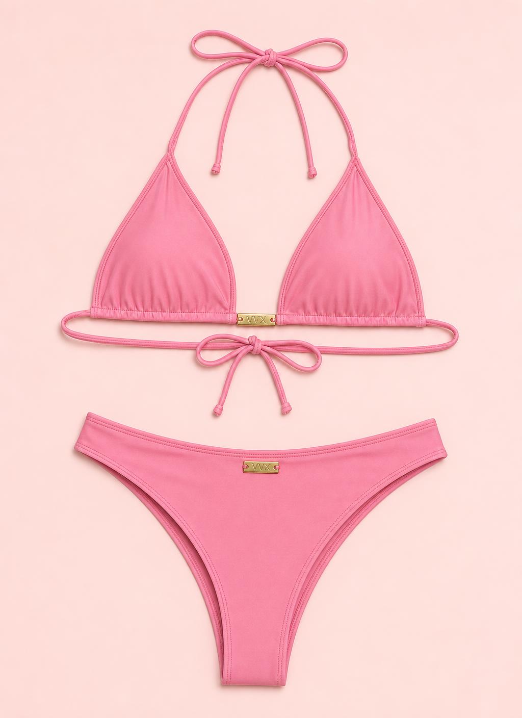 VVXHQ women's Pink Icon Bikini Set in Queen Pink — Triangle string bikini with crowned VVX embroidery and gold tipped ties, back view