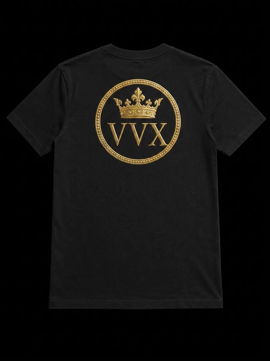 VVXHQ men's Royal Seal Tee in Gold & Black — Circular gold royal-seal VVX medallion, chest and centre back, back view