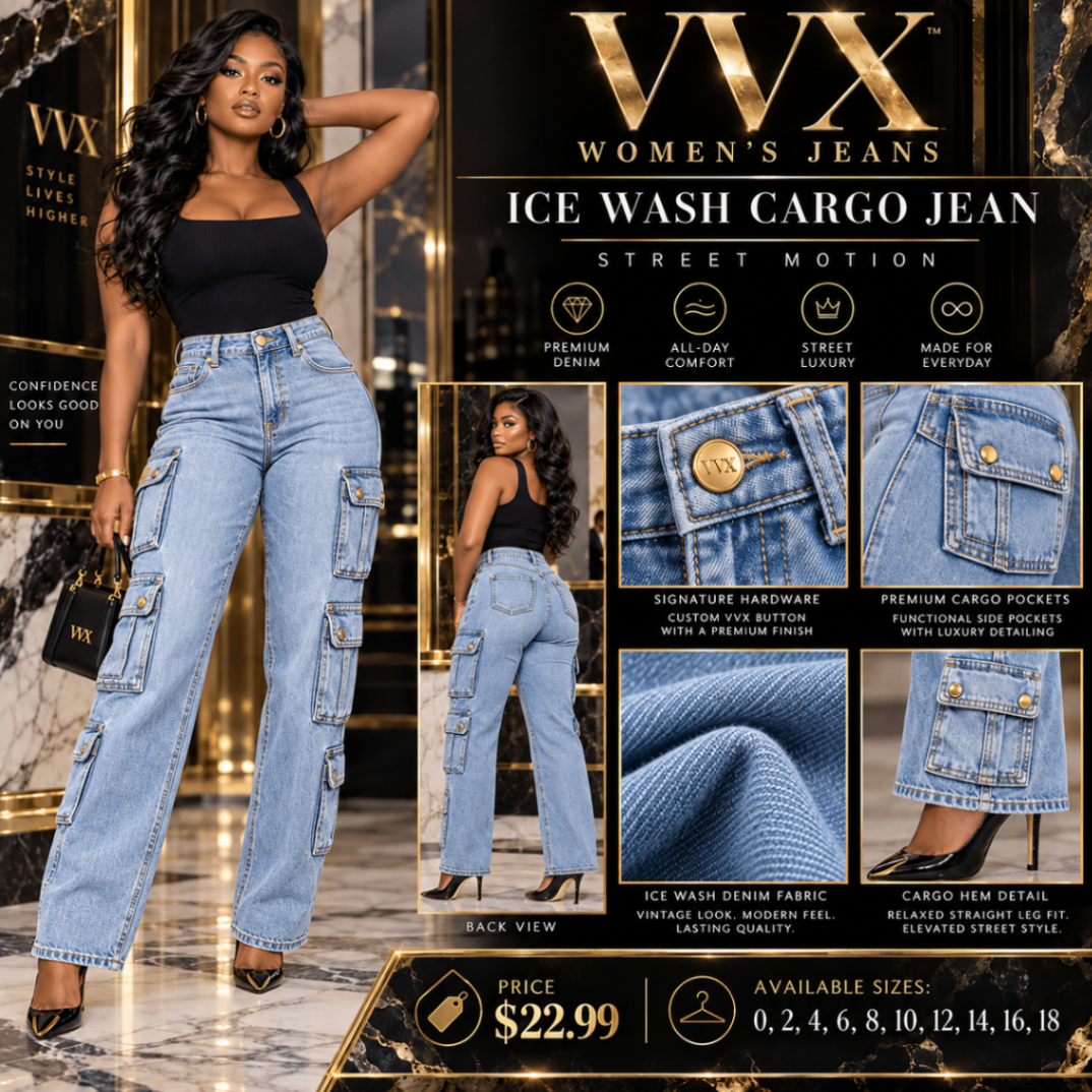 VVXHQ women's Ice Wash Cargo Jean in Onyx Black, Light-wash denim with utility pockets