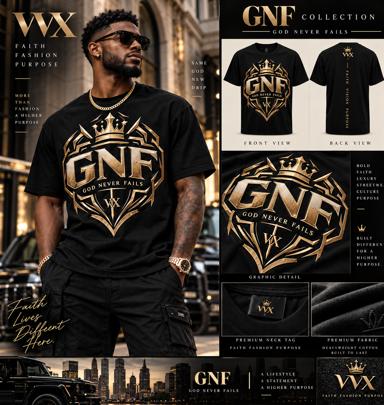 VVXHQ men's VVX Crown Shield GNF Tee in Black, Oversized crowned shield graphic in six colors