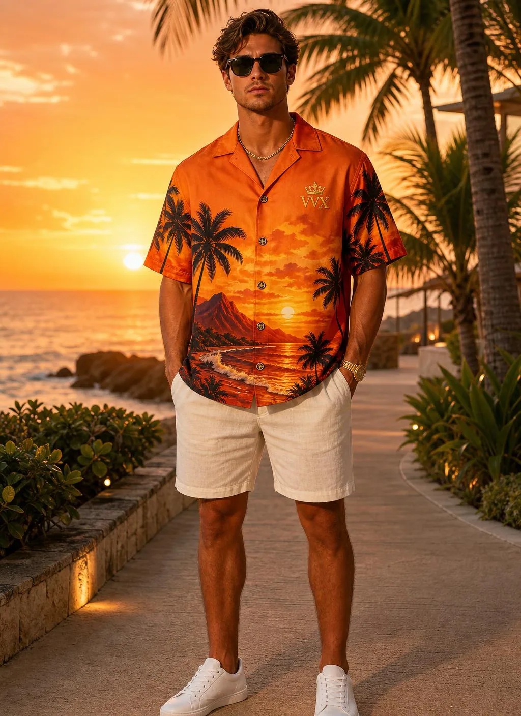 VVXHQ men's Crown Tropical Camp Shirt in Blue, Oversized camp-collar Hawaiian with gold VVX crown embroidery