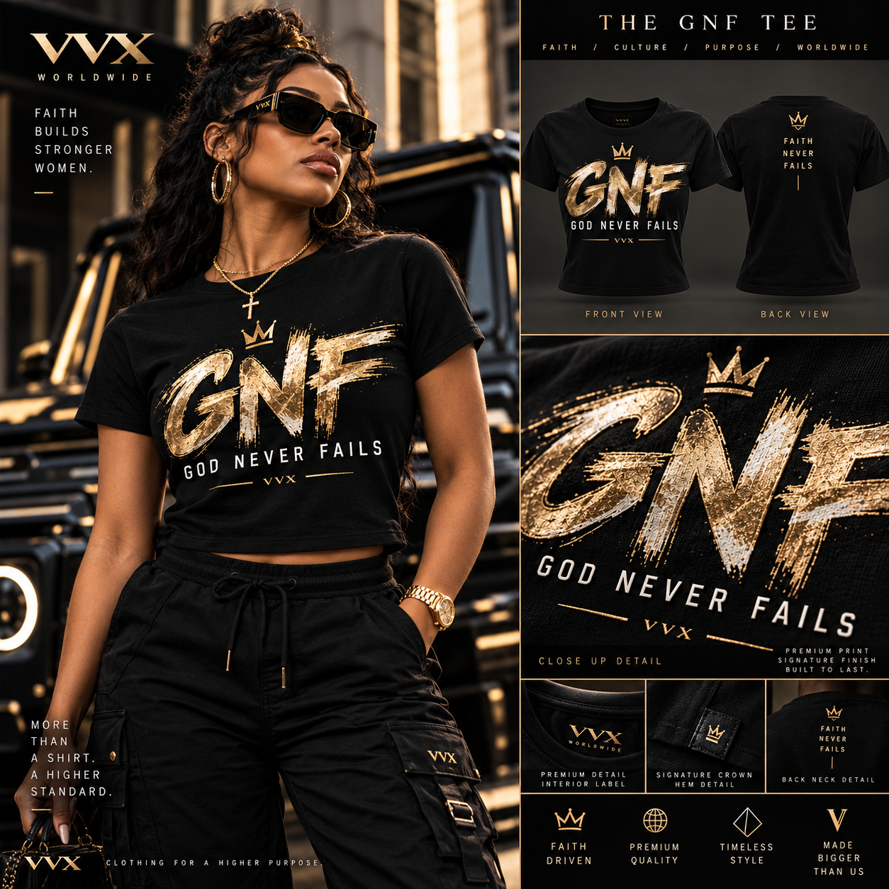 VVXHQ women's VVX Women's Brush Crown GNF Tee in Black, Bold metallic brush lettering with crowned faith details