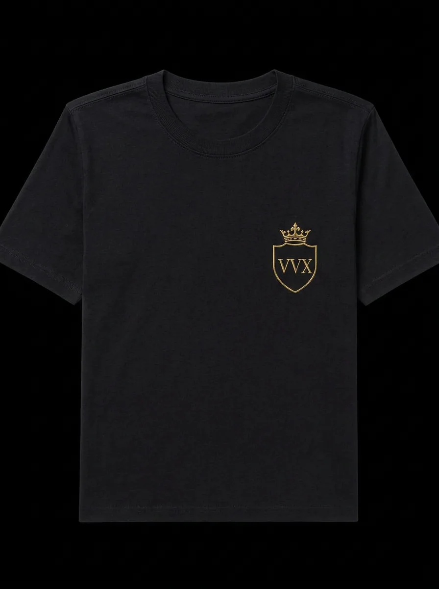 VVXHQ men's Shield Crest Tee in Gold & Black, Gold shield-crest VVX badge at the chest with a wide back emblem