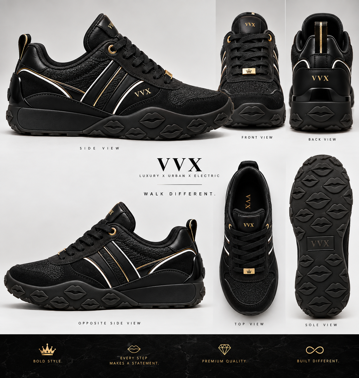 VVXHQ footwear VVX Runner — Noir Gold in Onyx Black, Walk different.
