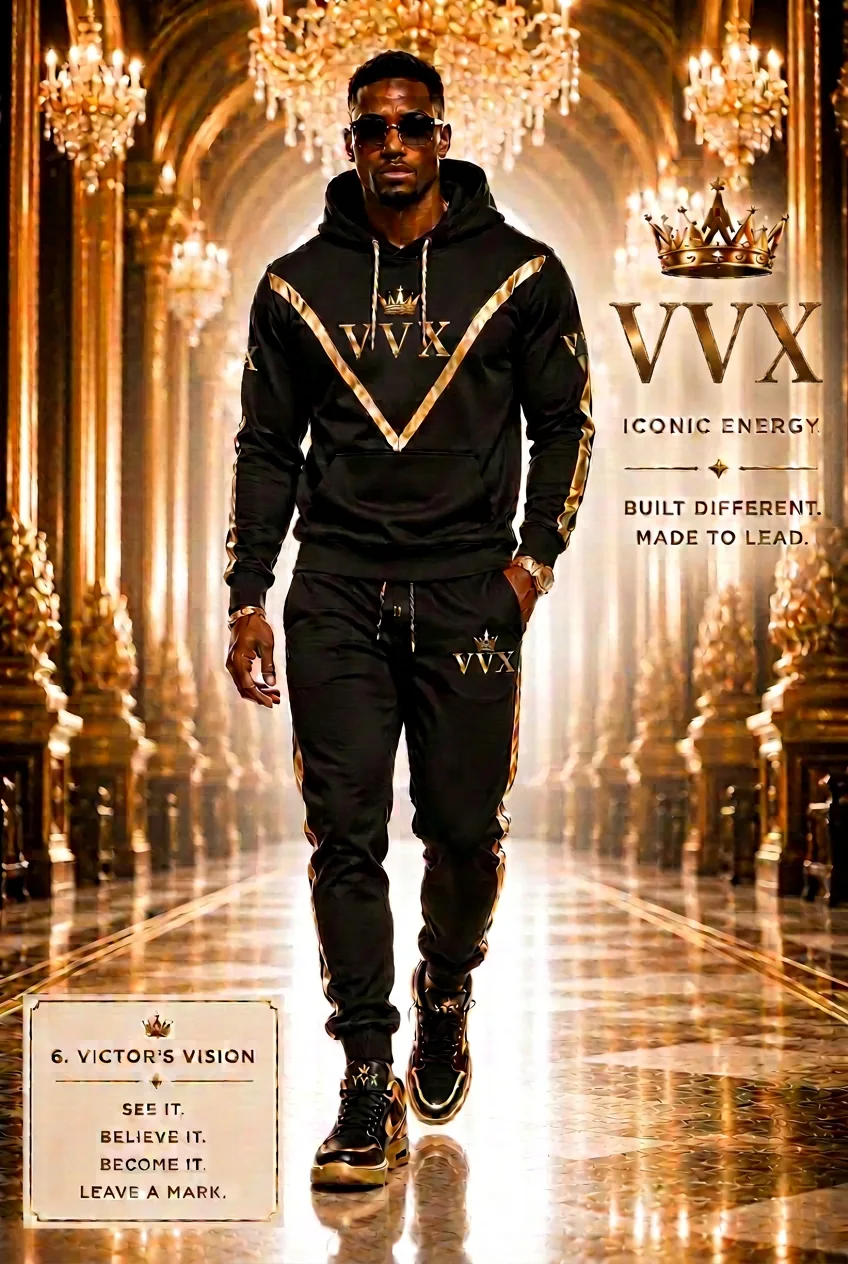 VVXHQ men's Victor's Vision Hoodie Set in Electric Cobalt, Black chevron hoodie & gold-taped jogger