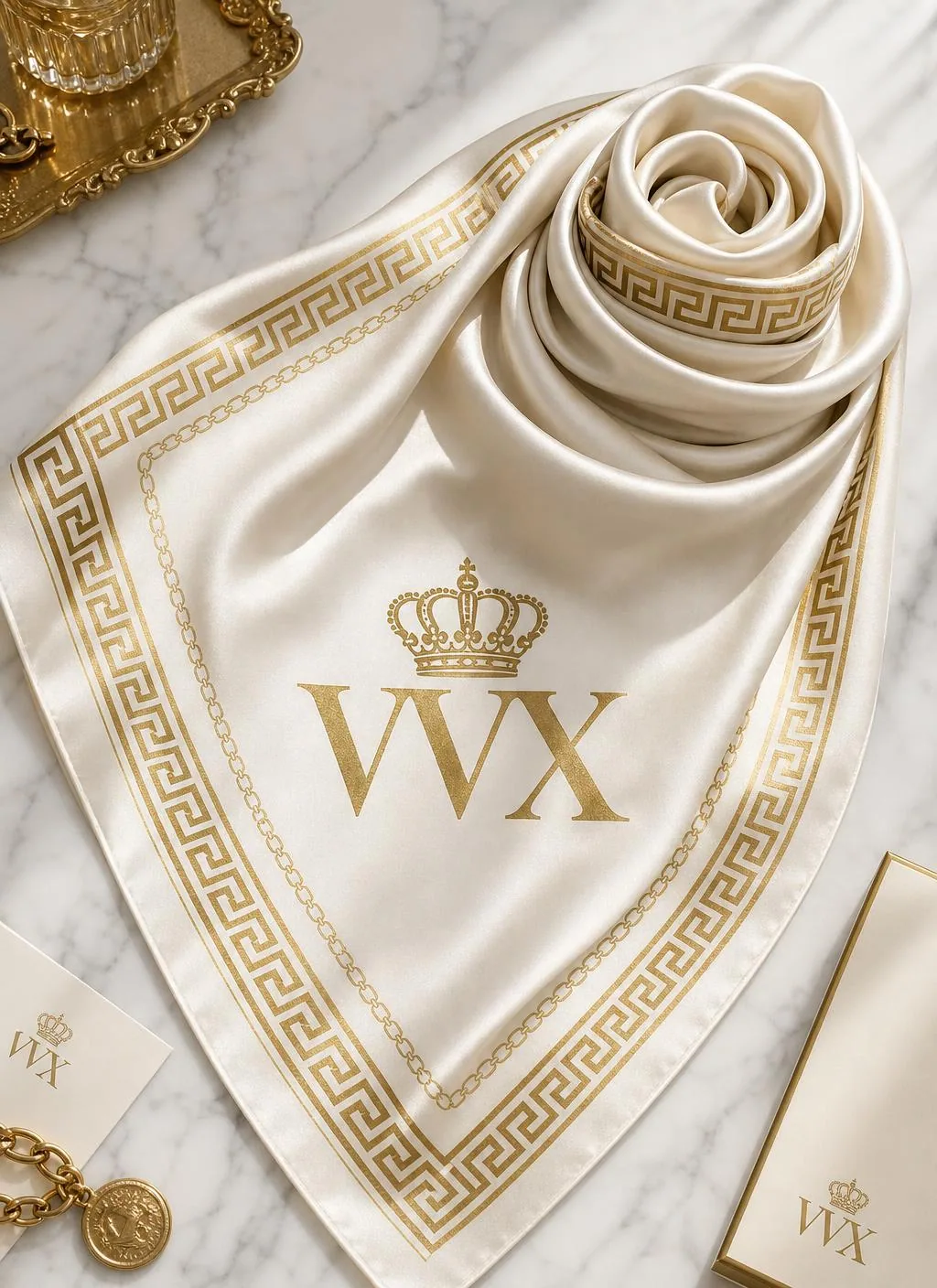 VVXHQ women's Meander Silk Scarf in Ivory & Gold — Gold Greek-key border with chain motifs and crowned VVX monogram, back view