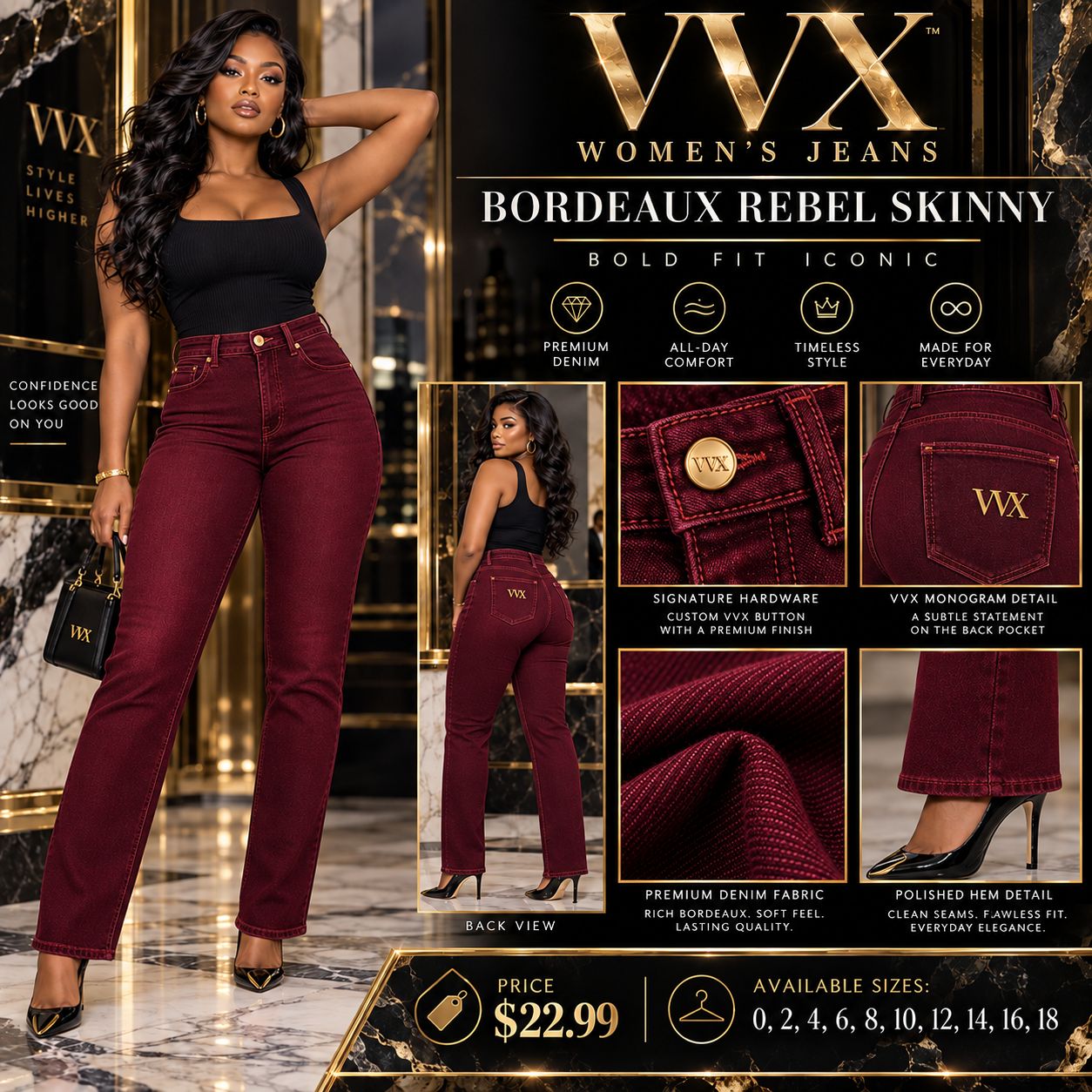 VVXHQ women's Bordeaux Rebel Skinny Jean in Onyx Black, Rich bordeaux denim with a bold skinny fit