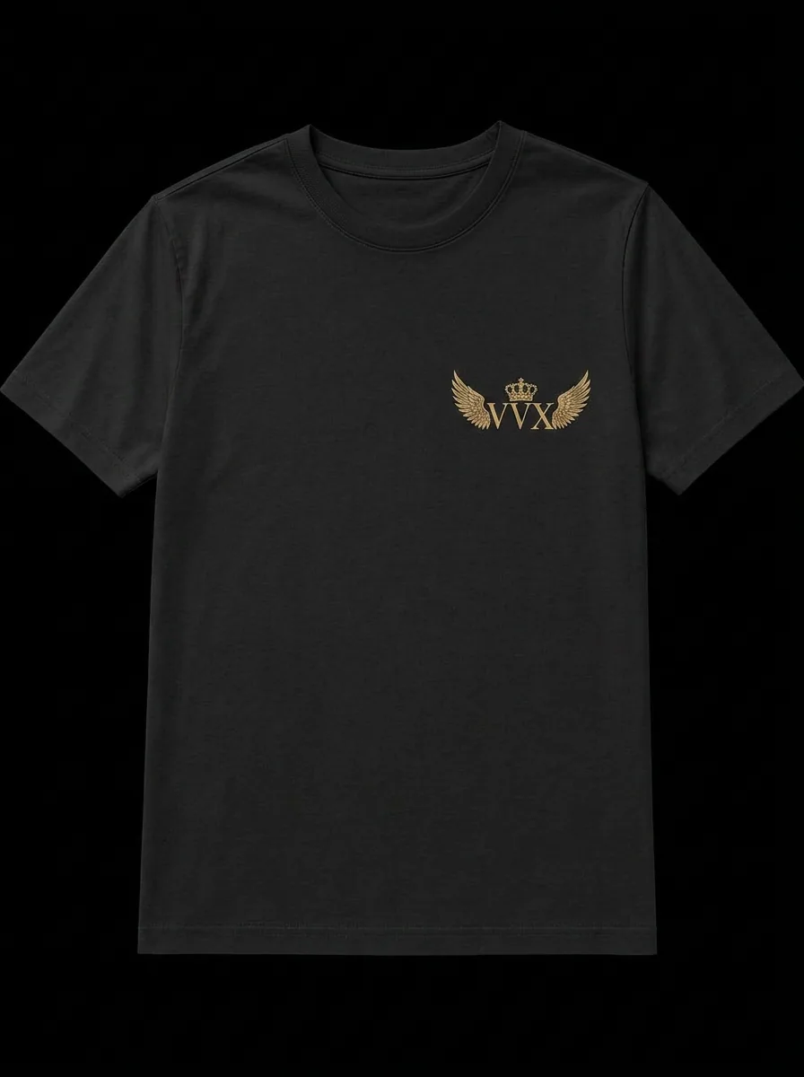 VVXHQ men's Winged Crown Tee in Gold & Black, Winged crowned VVX at the chest with a full wingspan across the shoulders