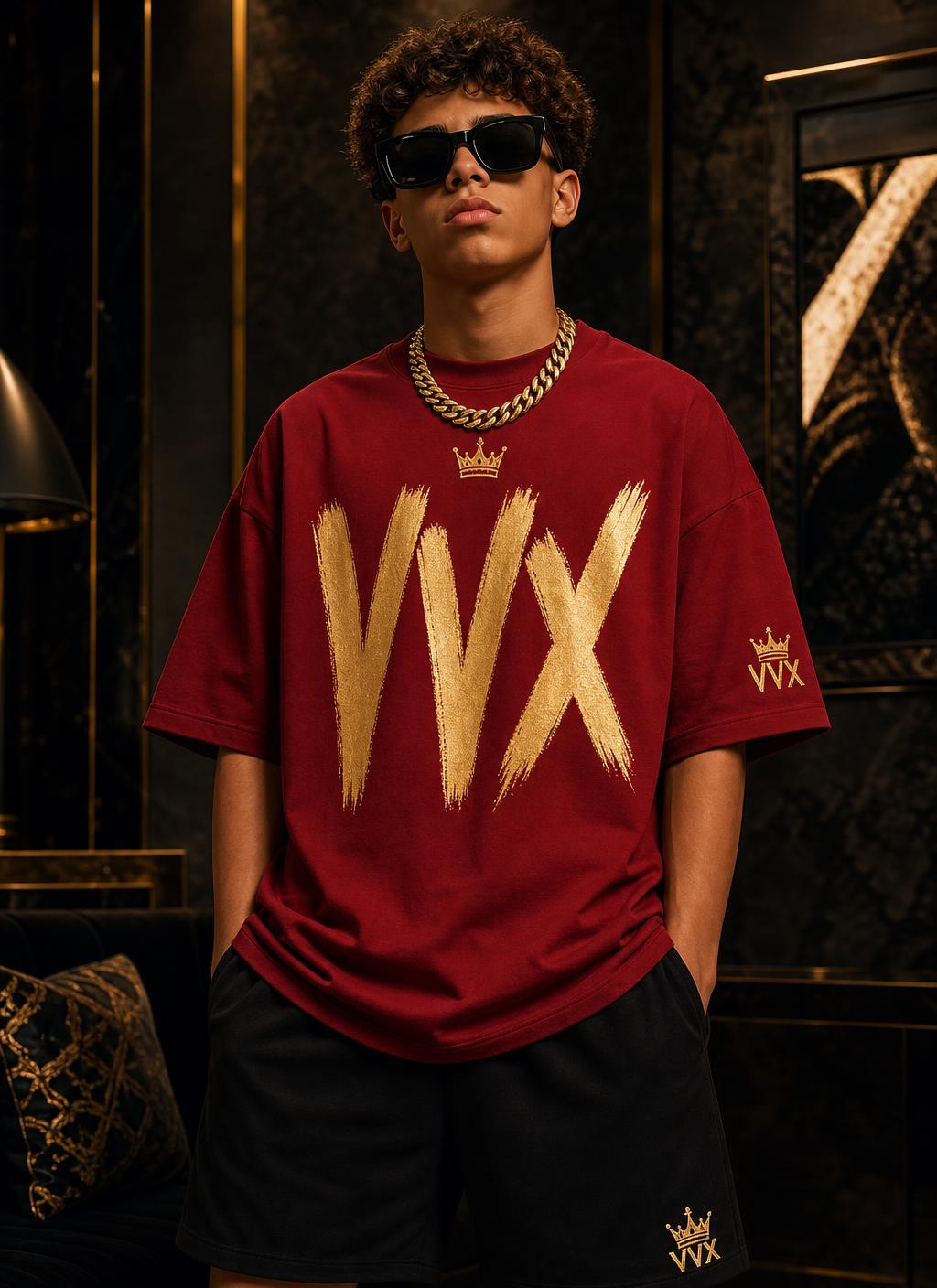 VVXHQ men's Crowned Brushstroke Tee in Red, Oversized tee with a hand-painted gold VVX brushstroke