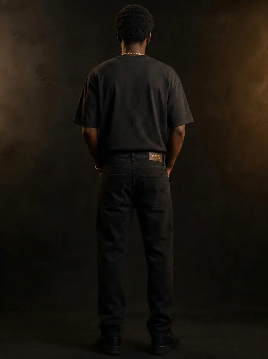 VVXHQ men's VVX Standard Jean in Onyx Black — Straight-leg five-pocket denim, gold VVX waist tag, back view