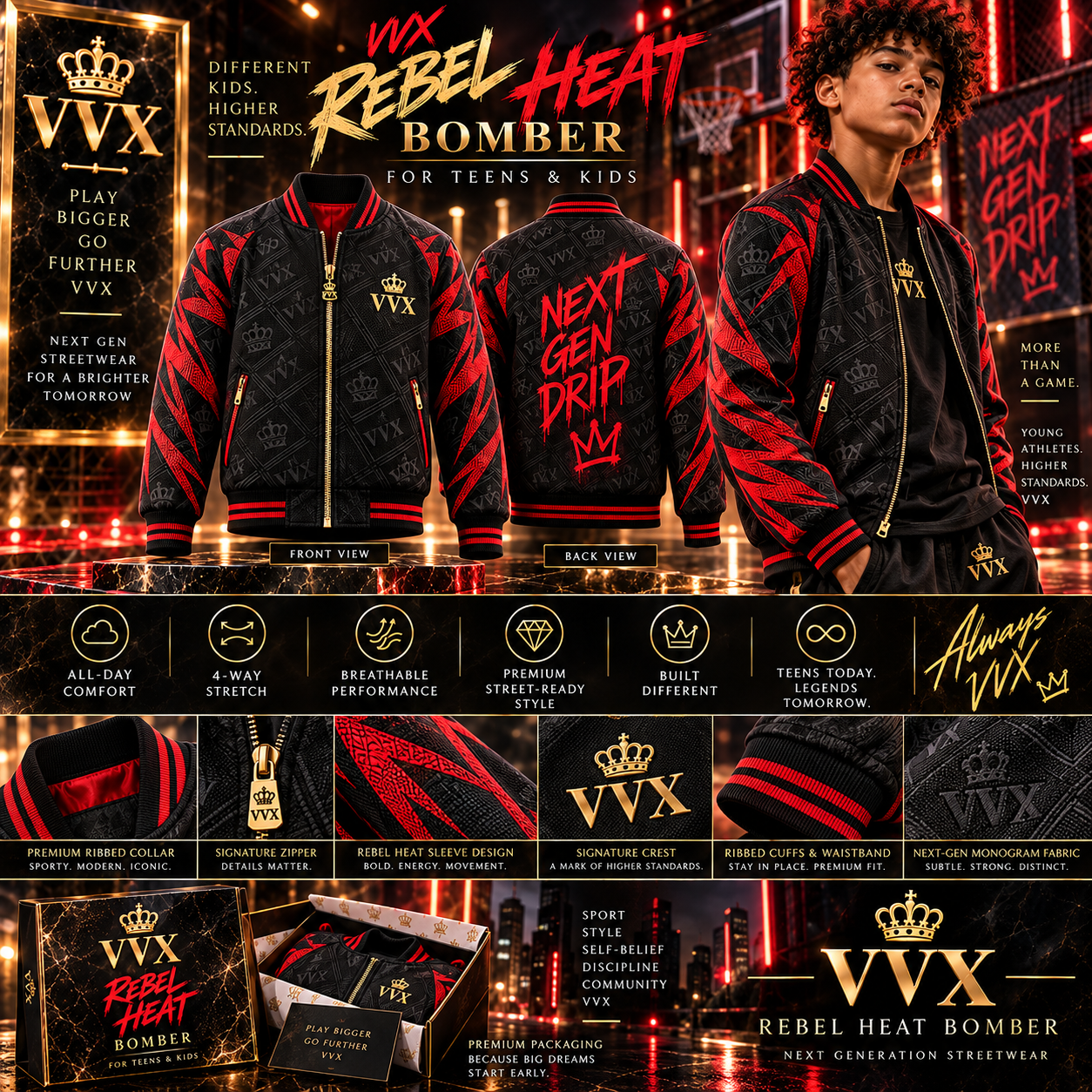 VVXHQ kids' VVX Rebel Heat Bomber in Onyx Black, Black & Red · For teens & kids