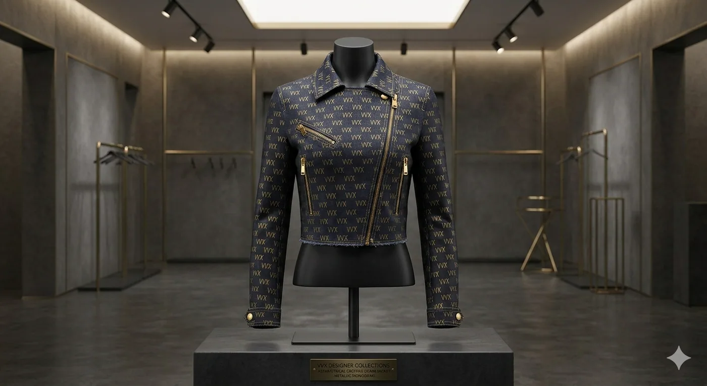 VVXHQ women's Monogram Denim Moto Jacket in Midnight Indigo, Raw-hem indigo denim moto with gold monogram print