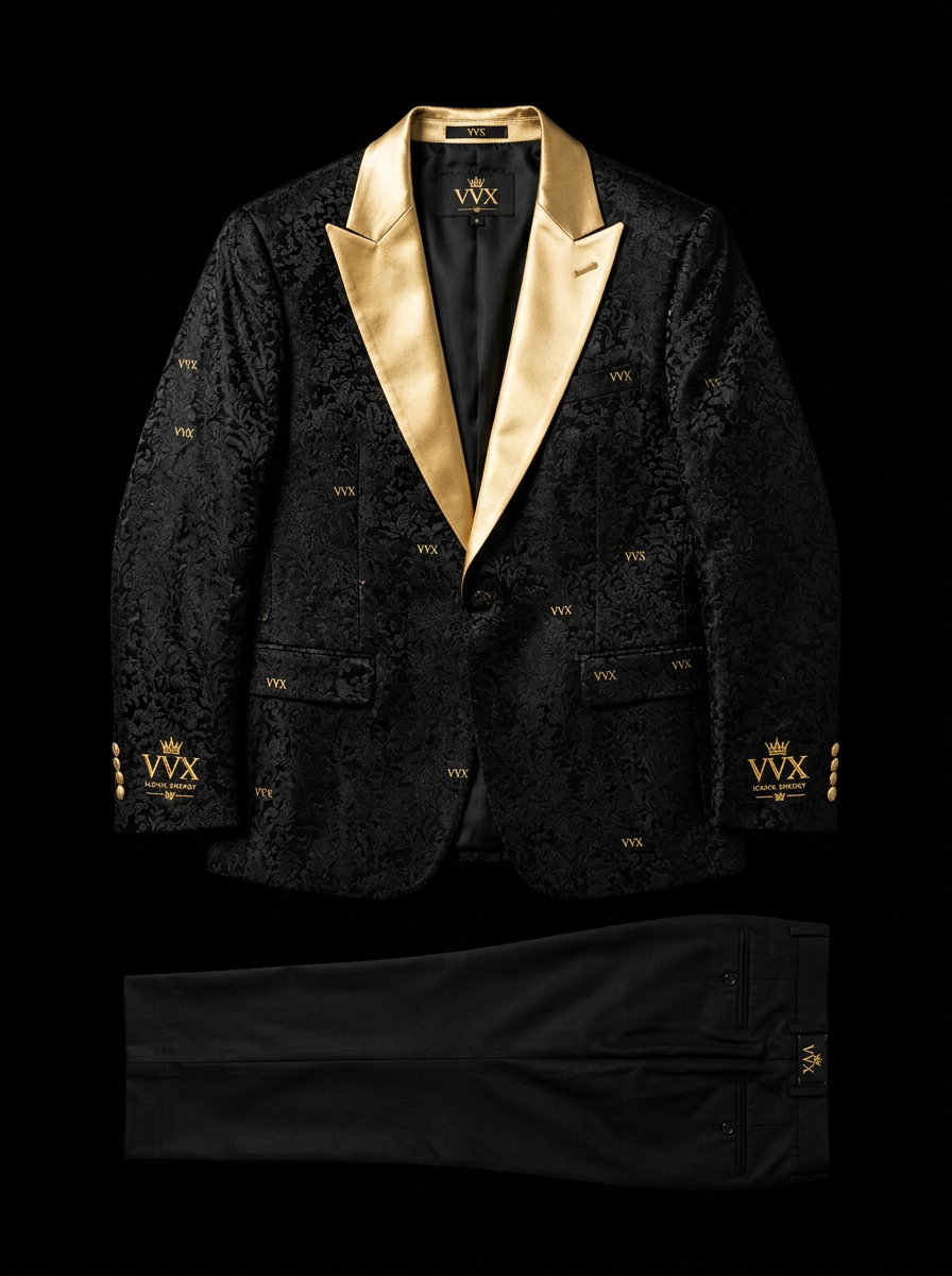 VVXHQ men's Iconic Energy Brocade Suit in Onyx Black, Men's black brocade tuxedo with gold shawl lapels