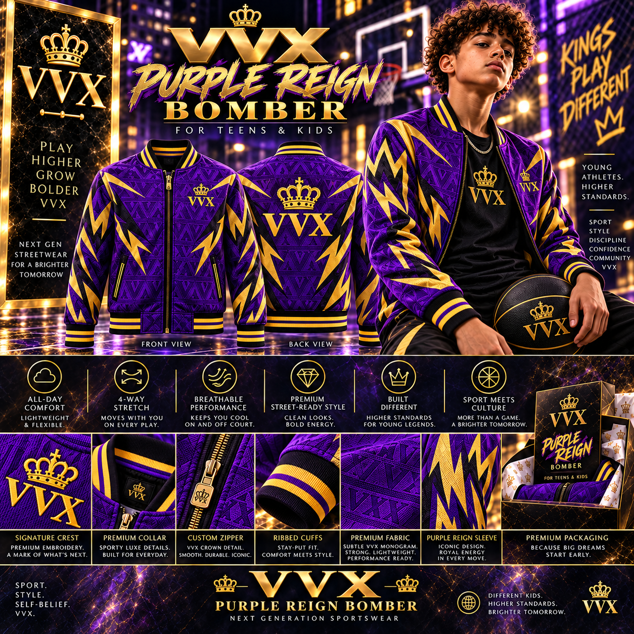 VVXHQ kids' VVX Purple Reign Bomber in Onyx Black, Purple & Gold · For teens & kids