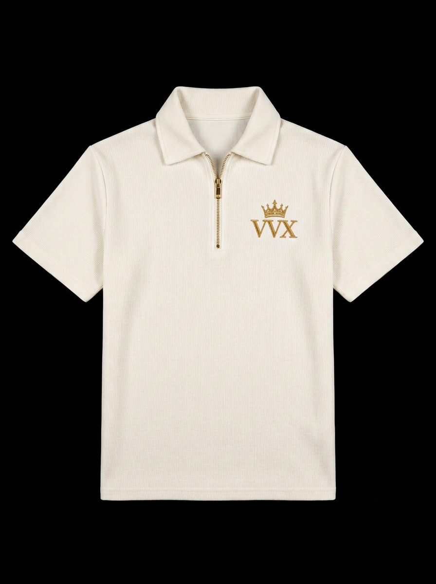 VVXHQ men's Iconic Crown Quarter-Zip Polo in Onyx Black, Men's ivory ribbed polo with gold crown VVX chest