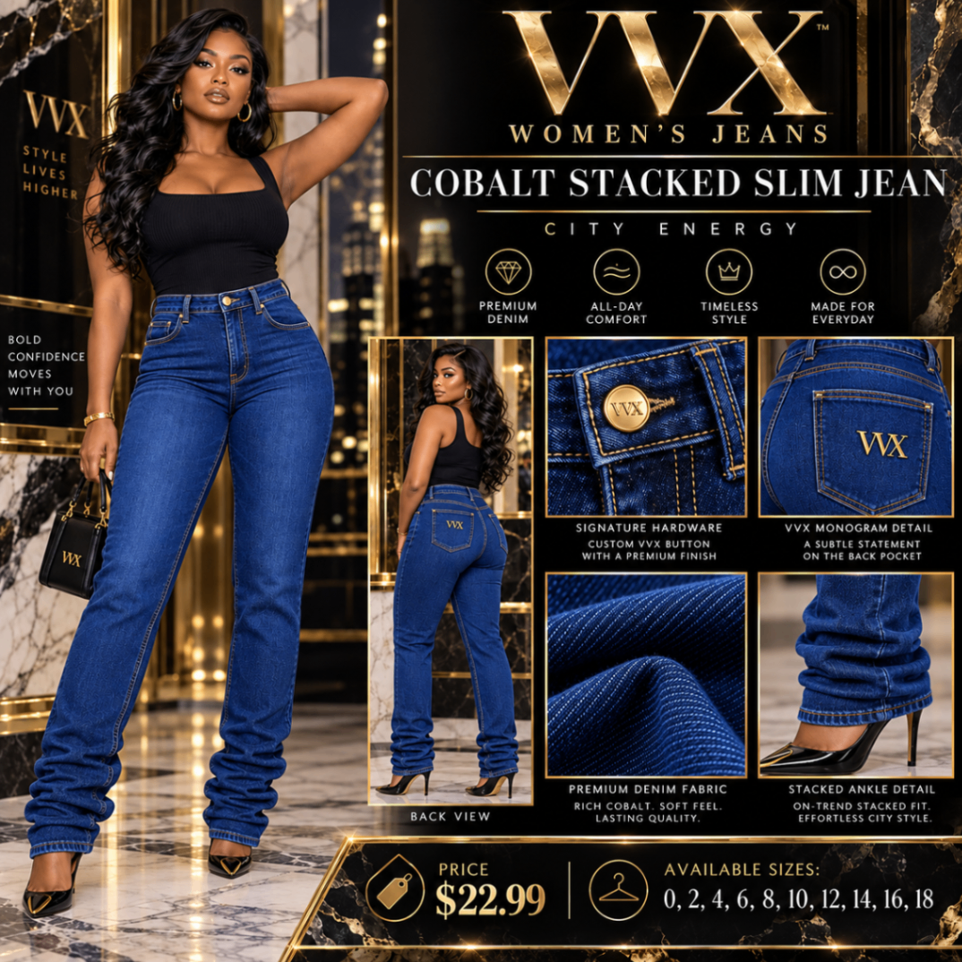 VVXHQ women's Cobalt Stacked Slim Jean in Onyx Black, Cobalt denim cut long for a stacked finish