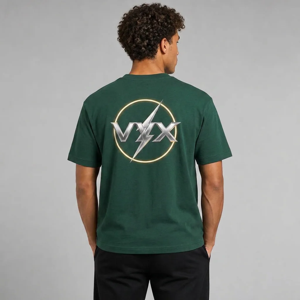 VVXHQ men's Chrome Bolt Tee in Green — Chrome bolt VVX at the chest, struck wide across the shoulders and back, back view
