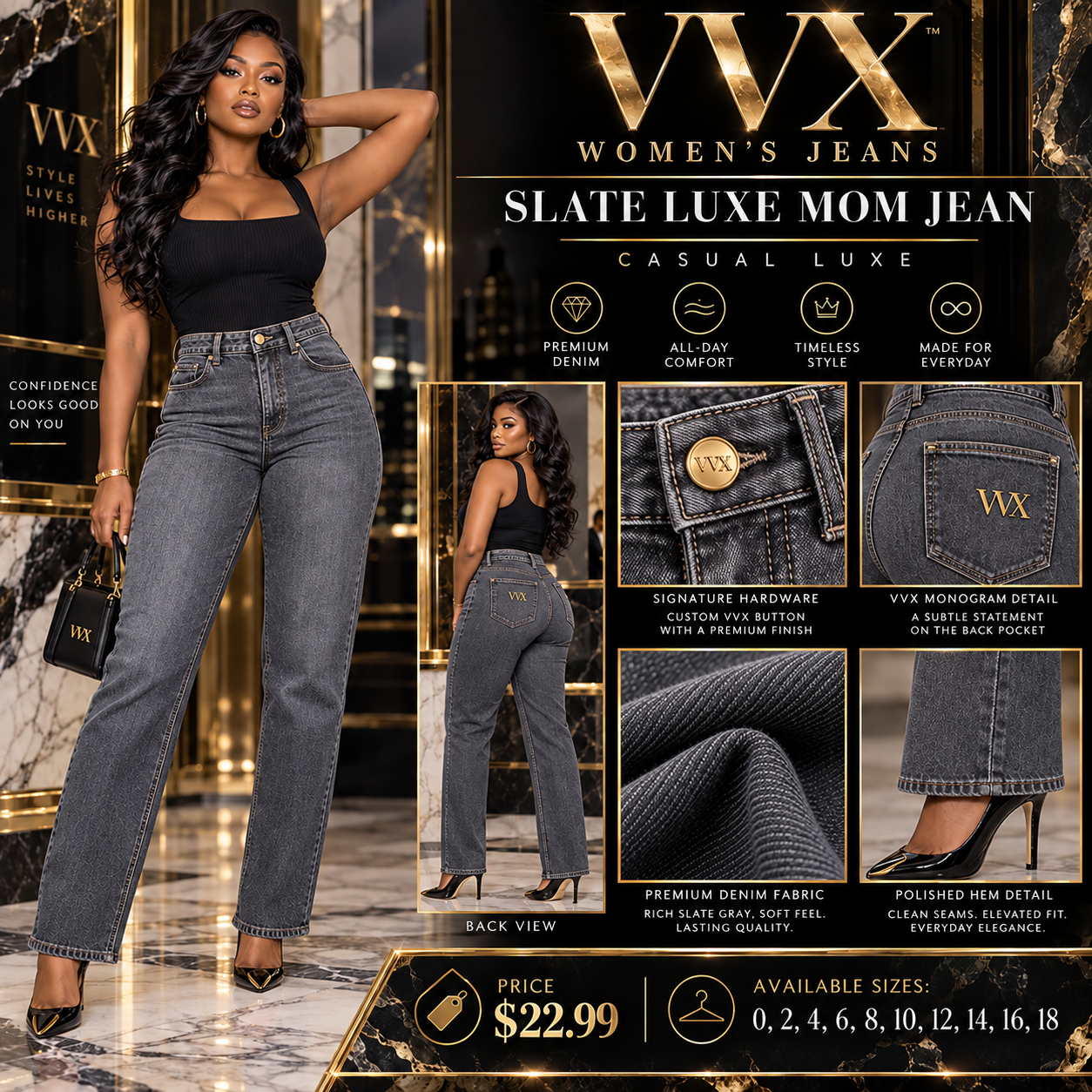 VVXHQ women's Slate Luxe Mom Jean in Onyx Black, Slate gray denim with an elevated mom fit