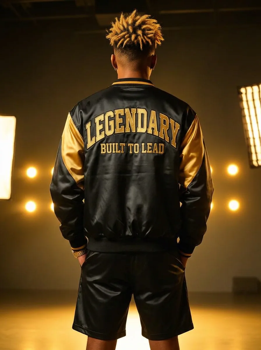 VVXHQ men's Satin Baseball Set in Azure Sky — Gold-sleeve satin jacket & short, back view