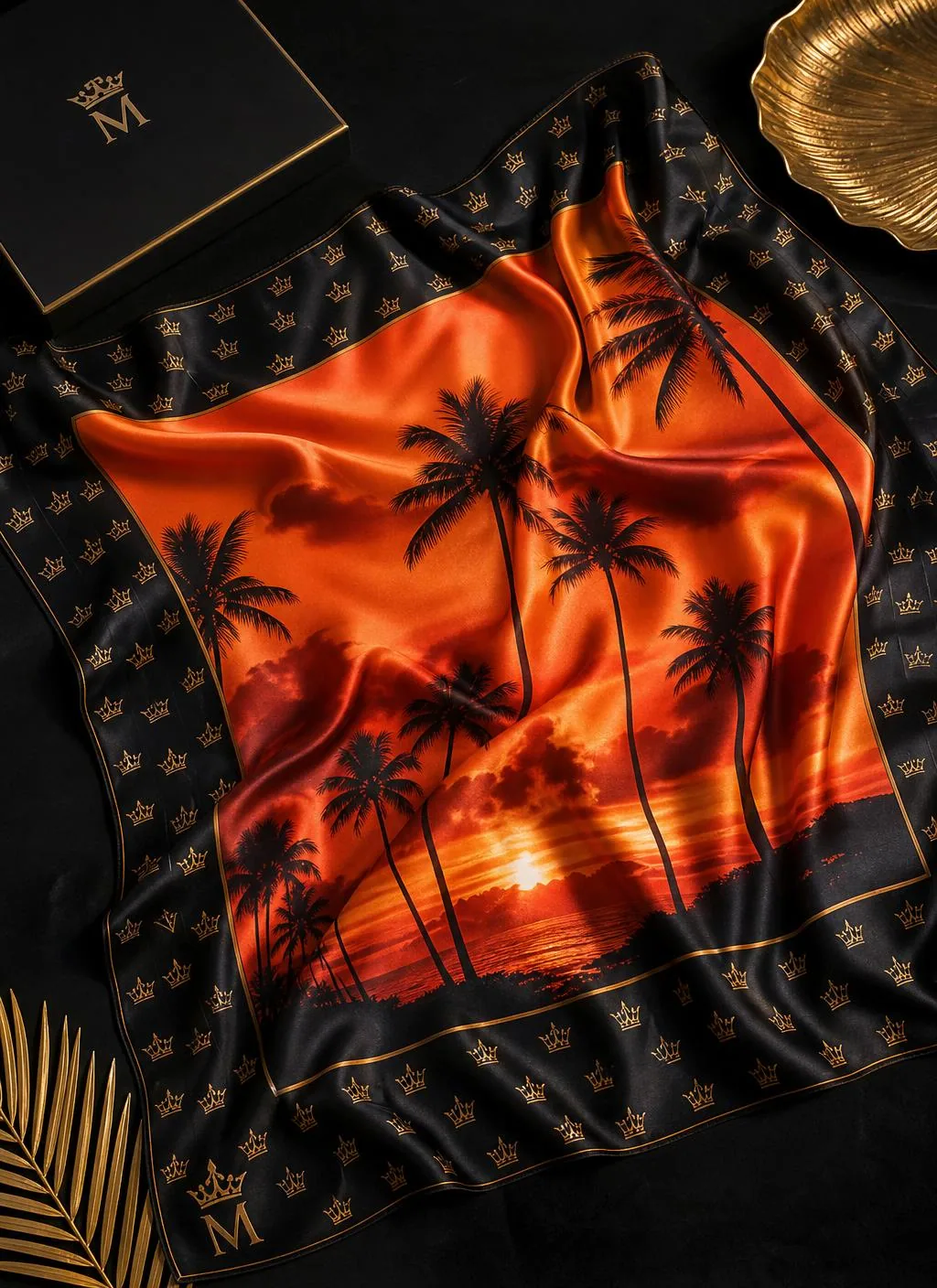 VVXHQ women's Crown Sunset Silk Scarf in Black & Gold — Sunset palm-print silk with a gold crown monogram border, back view